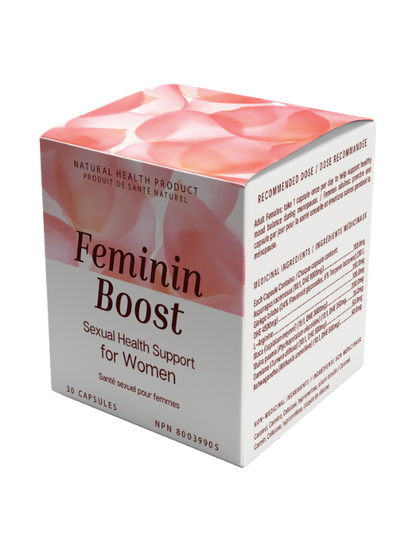 Feminin Boost sexual health supplement for women helps manage symptoms of menopause, improve mood balance, enhance libido, boost focus and energy